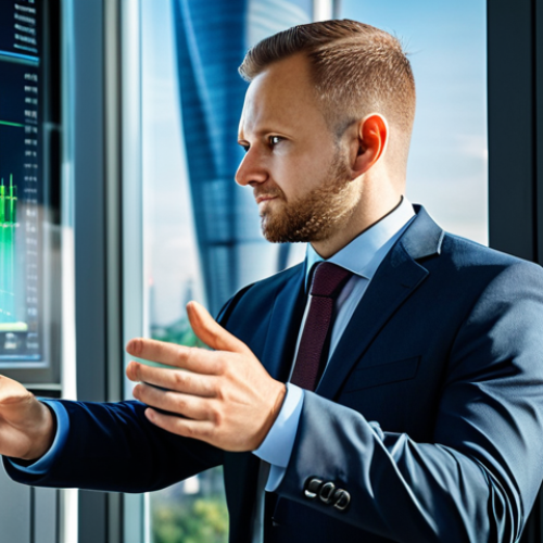 A professional Polish business executive in a modest business suit stands in a modern, sunlit office, interacting with a large holographic display showcasing environmental data, energy consumption analytics, and sustainable development metrics. The background features a futuristic cityscape with green energy infrastructure. The image conveys innovation and corporate responsibility. safe for work, appropriate content, fully clothed, professional, perfect anatomy, correct proportions, natural pose, well-formed hands, proper finger count, natural body proportions, high-resolution, corporate photography, cinematic lighting.
