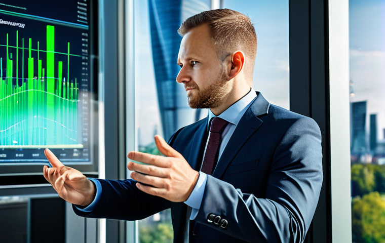 A professional Polish business executive in a modest business suit stands in a modern, sunlit office, interacting with a large holographic display showcasing environmental data, energy consumption analytics, and sustainable development metrics. The background features a futuristic cityscape with green energy infrastructure. The image conveys innovation and corporate responsibility. safe for work, appropriate content, fully clothed, professional, perfect anatomy, correct proportions, natural pose, well-formed hands, proper finger count, natural body proportions, high-resolution, corporate photography, cinematic lighting.