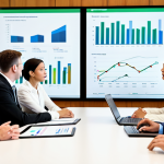A professional sustainability consultant, fully clothed in a modest business suit, is leading a strategic discussion with a diverse team of company executives in a modern, well-lit board room. They are gathered around a large table, looking at a screen displaying a complex ESG (Environmental, Social, Governance) data visualization. The consultant points to a section of the data, engaging the attentive team members. The scene emphasizes collaboration and shared focus on future-oriented business decisions. High quality, professional photography, perfect anatomy, correct proportions, natural pose, well-formed hands, proper finger count, natural body proportions, safe for work, appropriate content, fully clothed, professional, family-friendly.