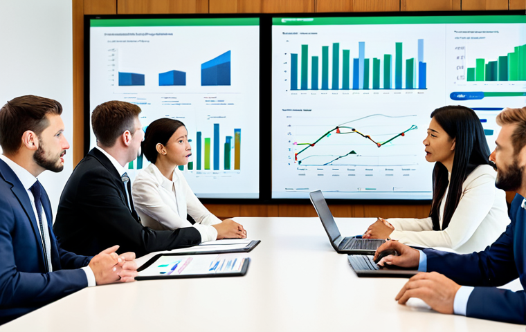 A professional sustainability consultant, fully clothed in a modest business suit, is leading a strategic discussion with a diverse team of company executives in a modern, well-lit board room. They are gathered around a large table, looking at a screen displaying a complex ESG (Environmental, Social, Governance) data visualization. The consultant points to a section of the data, engaging the attentive team members. The scene emphasizes collaboration and shared focus on future-oriented business decisions. High quality, professional photography, perfect anatomy, correct proportions, natural pose, well-formed hands, proper finger count, natural body proportions, safe for work, appropriate content, fully clothed, professional, family-friendly.
