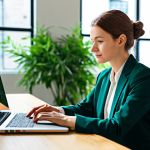 A professional individual, a sustainability consultant, in modest business attire, sitting at a modern desk with a laptop in a bright, clean office space. The background features blurred elements of green plants and natural light, subtly emphasizing eco-consciousness. The consultant is engaged in thoughtful work, perhaps creating content or analyzing information. perfect anatomy, correct proportions, natural pose, well-formed hands, proper finger count, natural body proportions, professional photography, high quality, fully clothed, modest clothing, appropriate attire, professional dress, safe for work, appropriate content, family-friendly.
