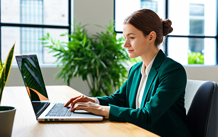 A professional individual, a sustainability consultant, in modest business attire, sitting at a modern desk with a laptop in a bright, clean office space. The background features blurred elements of green plants and natural light, subtly emphasizing eco-consciousness. The consultant is engaged in thoughtful work, perhaps creating content or analyzing information. perfect anatomy, correct proportions, natural pose, well-formed hands, proper finger count, natural body proportions, professional photography, high quality, fully clothed, modest clothing, appropriate attire, professional dress, safe for work, appropriate content, family-friendly.