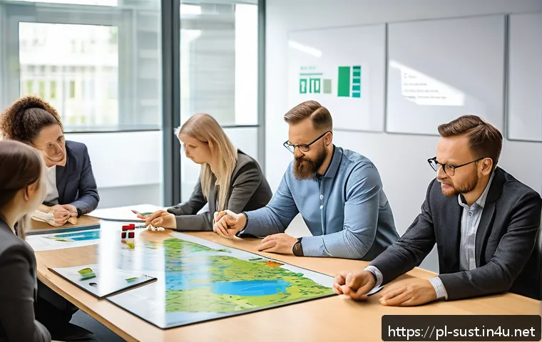 지속가능성 컨설팅 워크샵 기획법 - A diverse group of Polish professionals engaged in a dynamic workshop setting focused on sustainable...