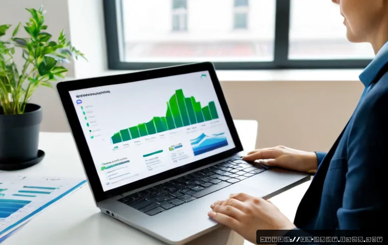 지속가능성 컨설턴트 채용 공고 분석 - Photorealistic Polish sustainability consultant reviewing a job listing analysis on a laptop with an...